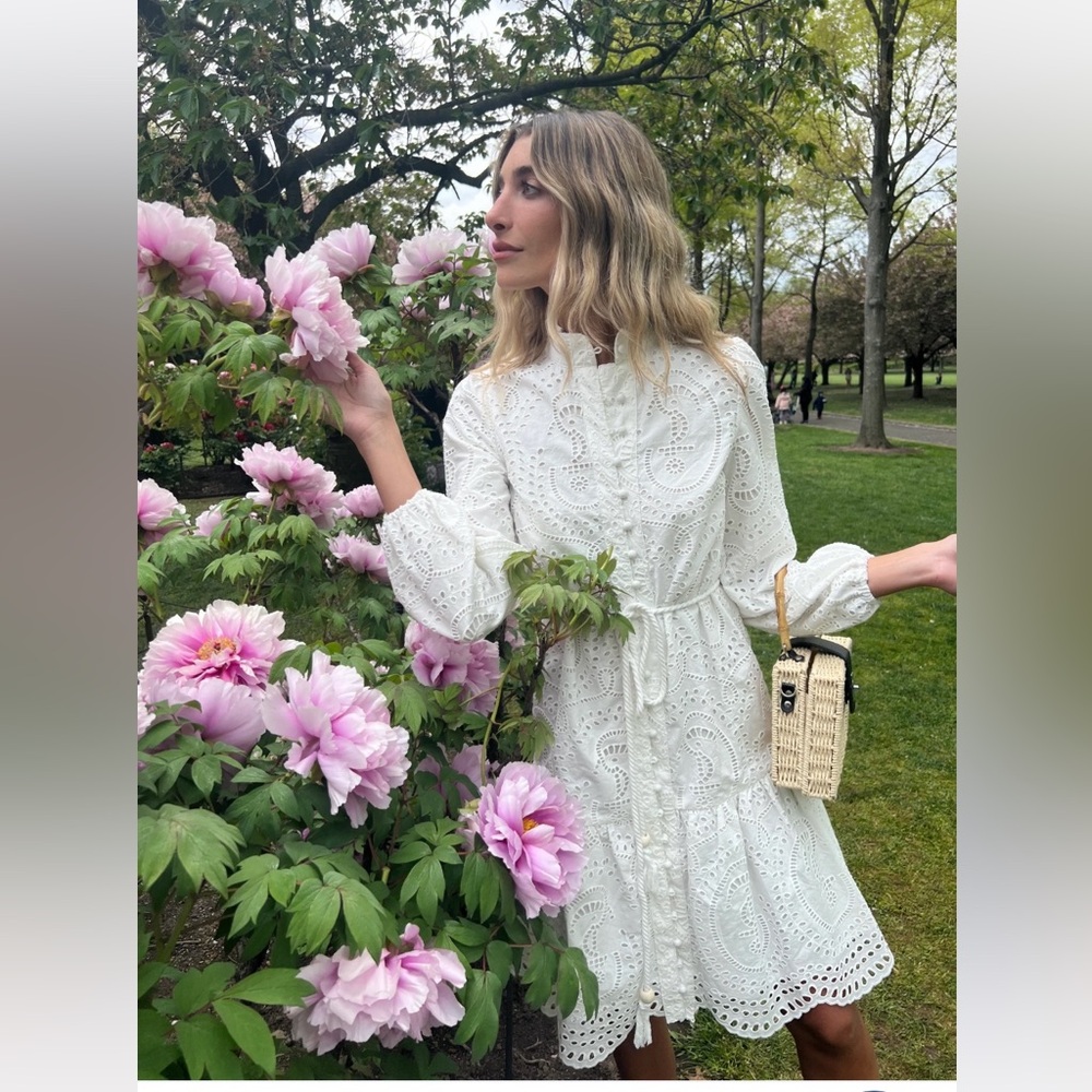 NWOT White Eyelet Midi Dress Long Sleeve High Neck Button Front -Mod Shop NY -XS